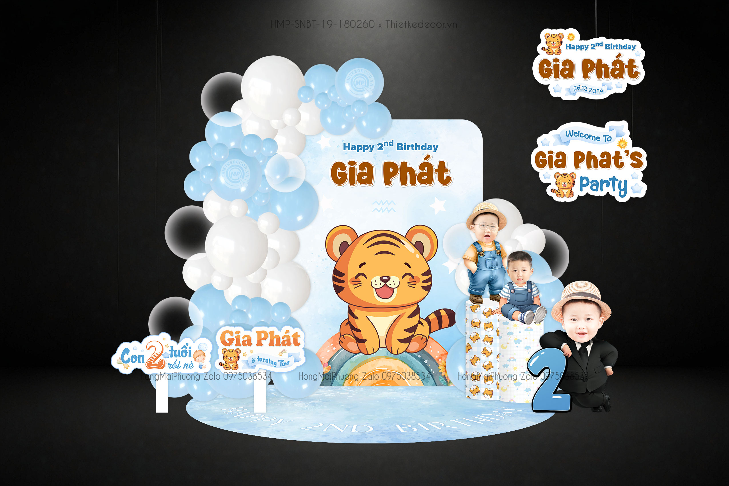 Sinh nhật bé trai tuổi dần - cọp tone xanh da trời - pastel